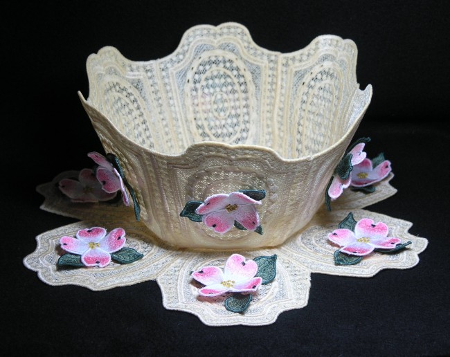 BFC0327   Lace Bowl & Doily  Three Dimensional Dogwood
