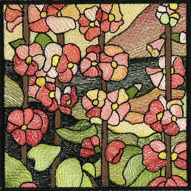 BFC0914 Stained Glass- Hollyhock Triptych