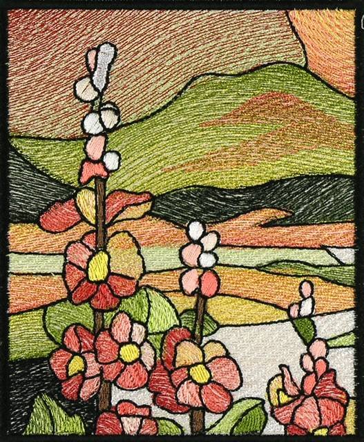 BFC0914 Stained Glass- Hollyhock Triptych