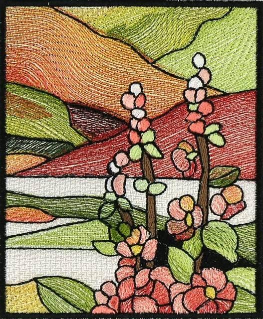 BFC0914 Stained Glass- Hollyhock Triptych